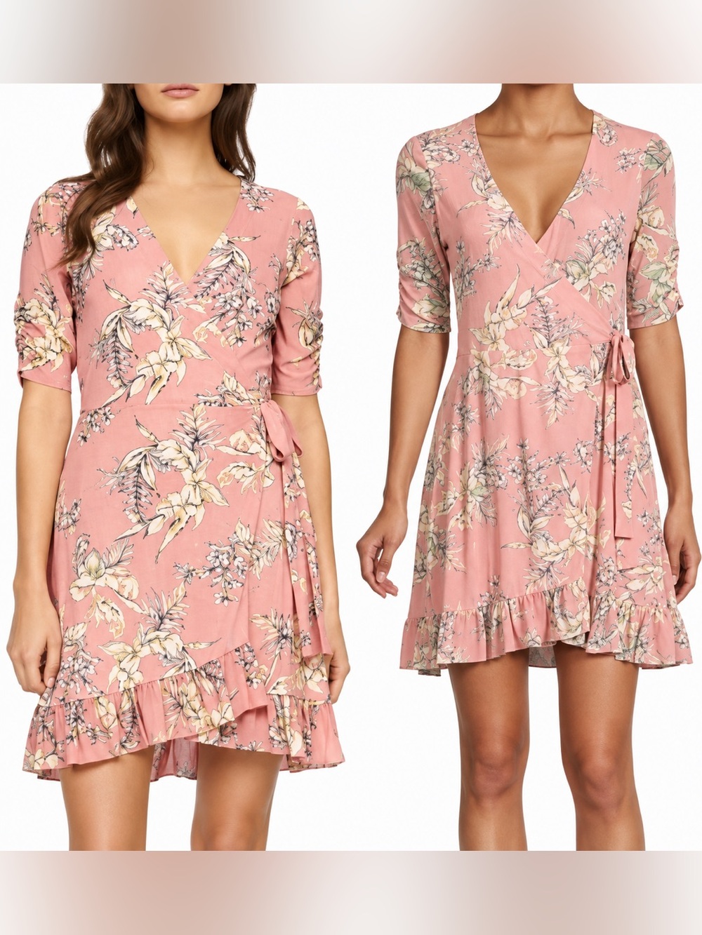 Anthropologie Sanctuary Tropical Floral Blush Pastel Pink Wrap Mini Dress Size L